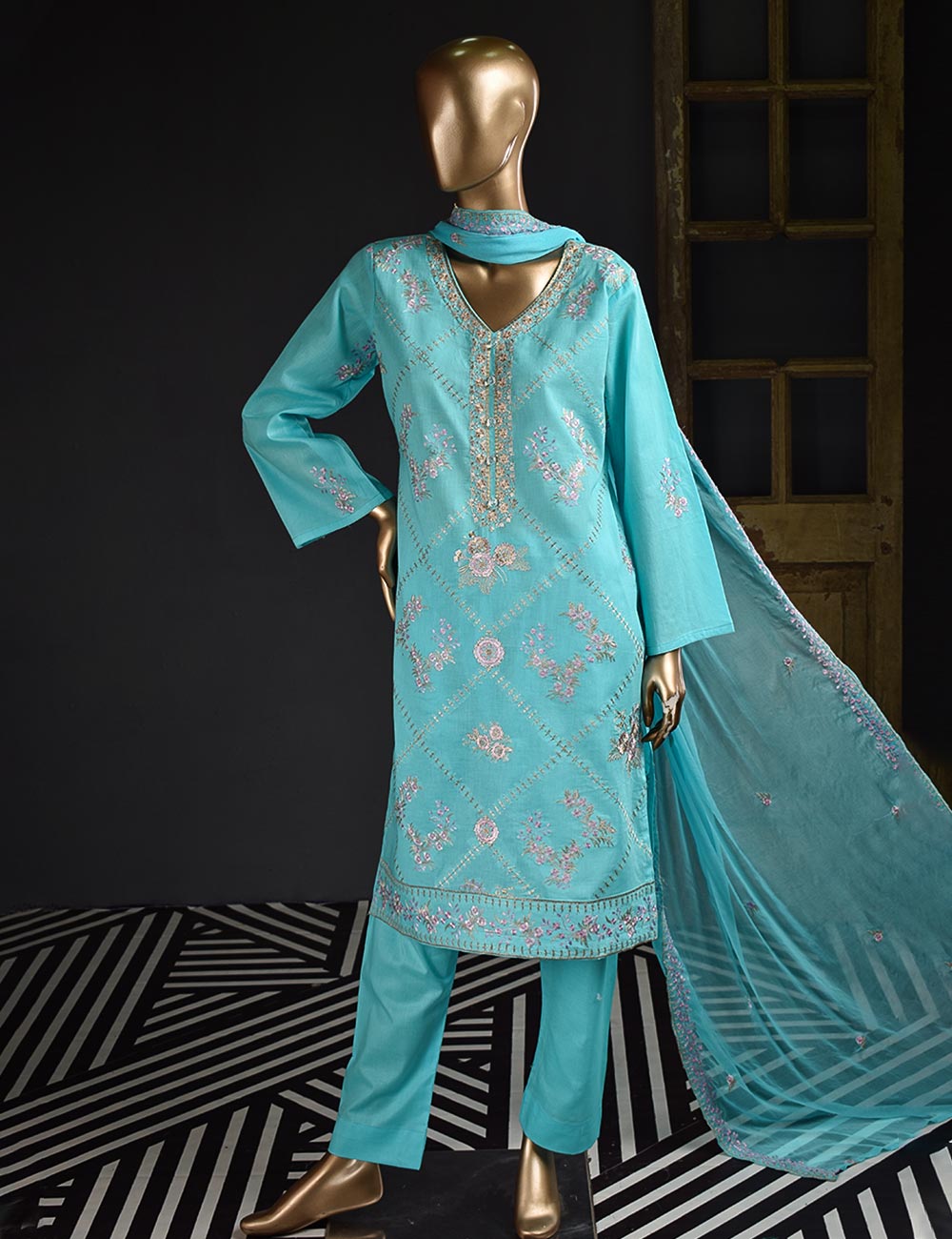 3 Pc Unstitched Embroidered Lawn Dress with Chiffon Embroidered Dupatta - Prague (ZEB-3A)