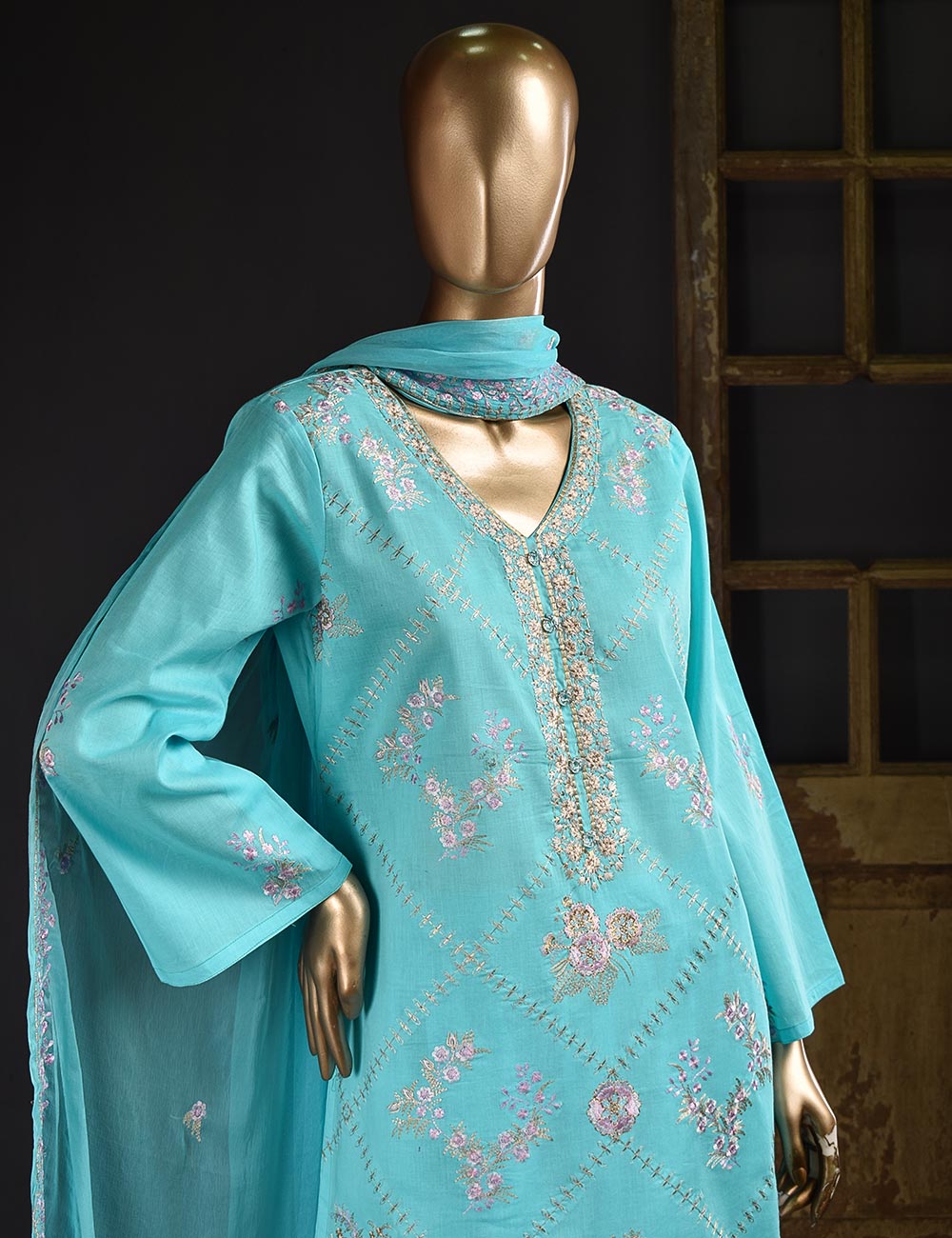 3 Pc Unstitched Embroidered Lawn Dress with Chiffon Embroidered Dupatta - Prague (ZEB-3A)