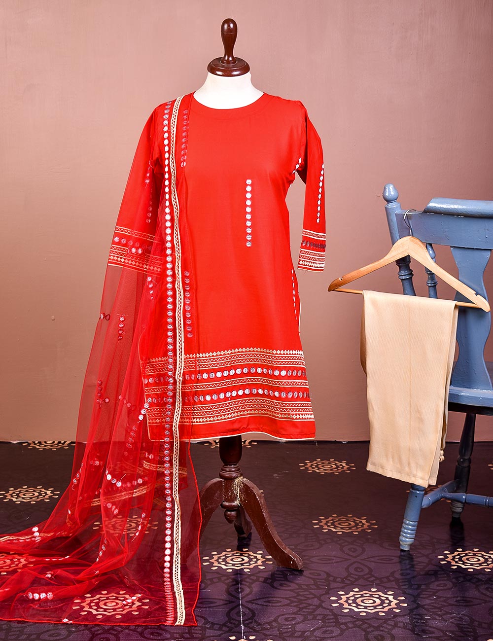 Cotton Embroidered With Net Embroidered Dupatta &amp; Banarsi Silk Trouser - Spirited Away (RTW-14-Red)