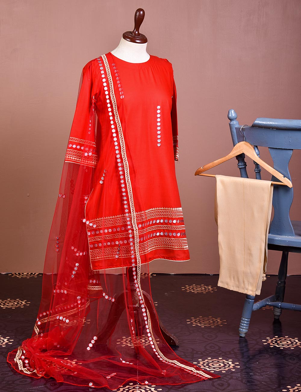 Cotton Embroidered With Net Embroidered Dupatta &amp; Banarsi Silk Trouser - Spirited Away (RTW-14-Red)