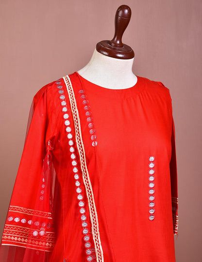 Cotton Embroidered With Net Embroidered Dupatta &amp; Banarsi Silk Trouser - Spirited Away (RTW-14-Red)