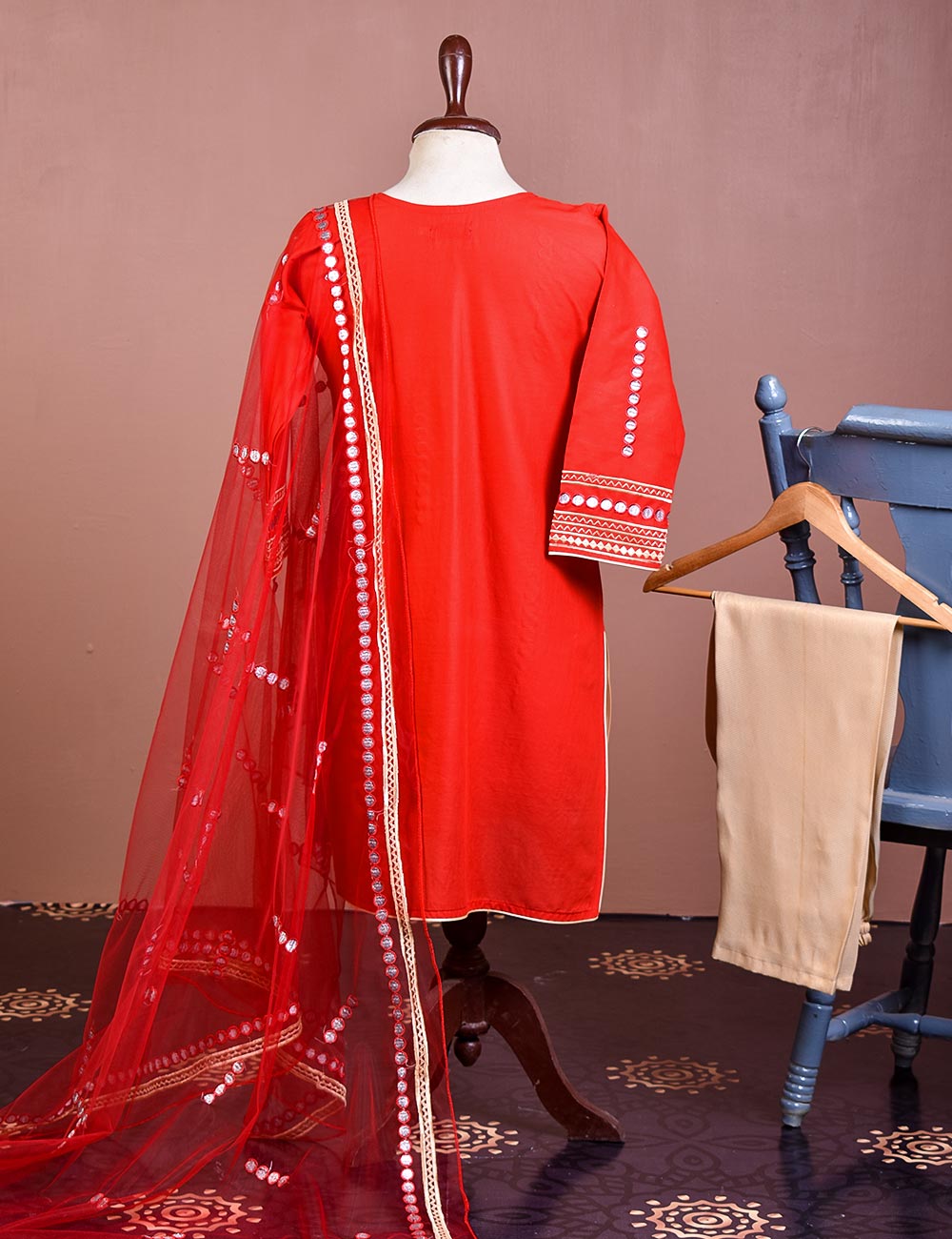 Cotton Embroidered With Net Embroidered Dupatta &amp; Banarsi Silk Trouser - Spirited Away (RTW-14-Red)