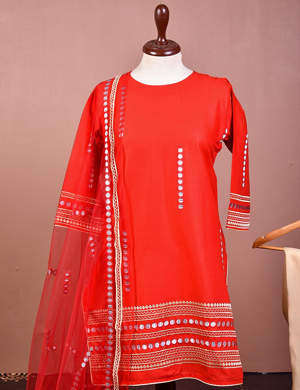 Cotton Embroidered With Net Embroidered Dupatta &amp; Banarsi Silk Trouser - Spirited Away (RTW-14-Red)