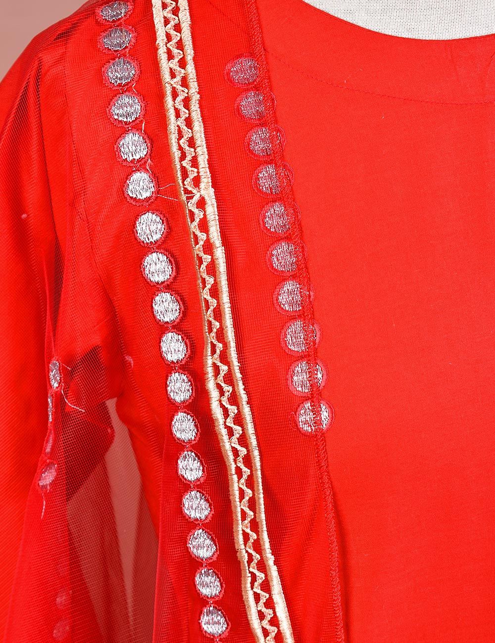 Cotton Embroidered With Net Embroidered Dupatta &amp; Banarsi Silk Trouser - Spirited Away (RTW-14-Red)