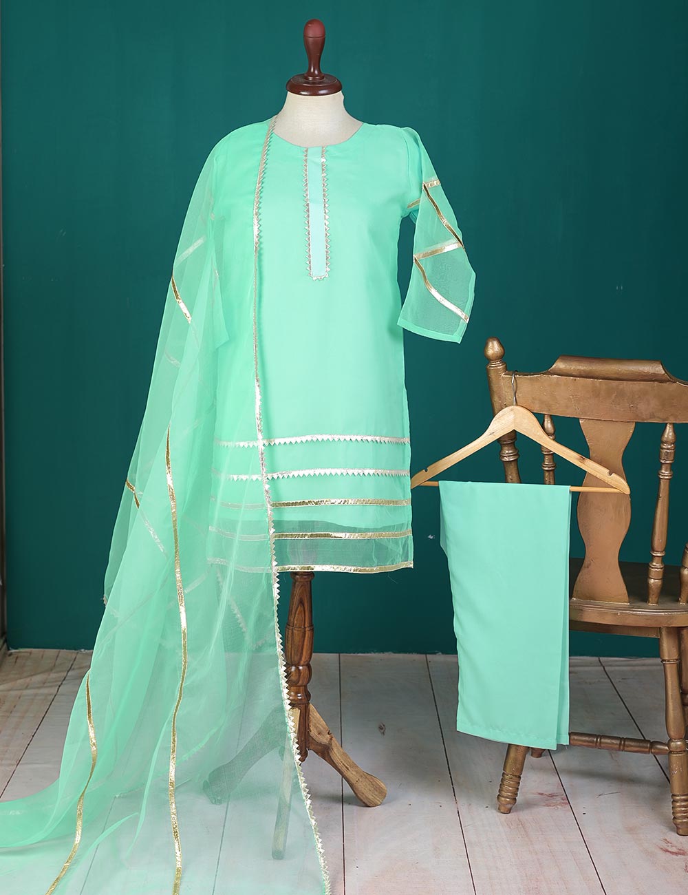 3 Pc Stitched Organza Suit With Organza Dupatta and Malai Trouser - Wayfarer (RTW-24-AquaGreen)