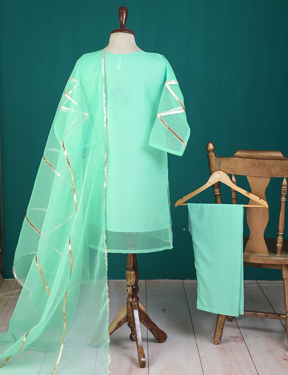 3 Pc Stitched Organza Suit With Organza Dupatta and Malai Trouser - Wayfarer (RTW-24-AquaGreen)