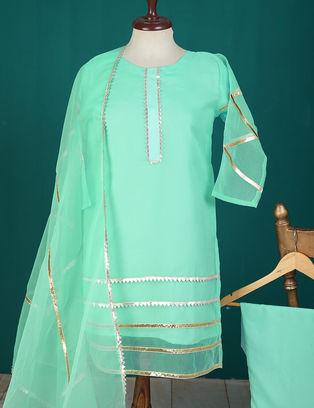 3 Pc Stitched Organza Suit With Organza Dupatta and Malai Trouser - Wayfarer (RTW-24-AquaGreen)