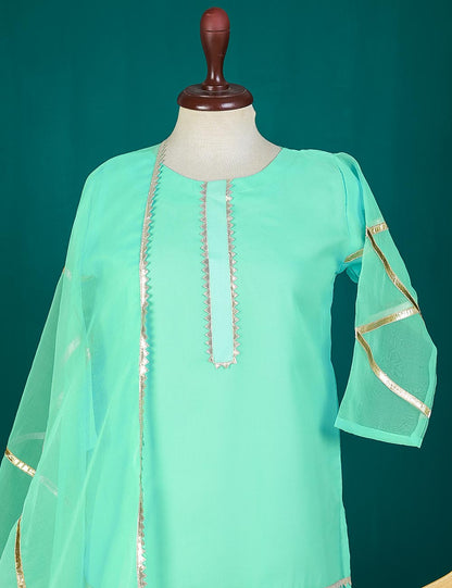 3 Pc Stitched Organza Suit With Organza Dupatta and Malai Trouser - Wayfarer (RTW-24-AquaGreen)