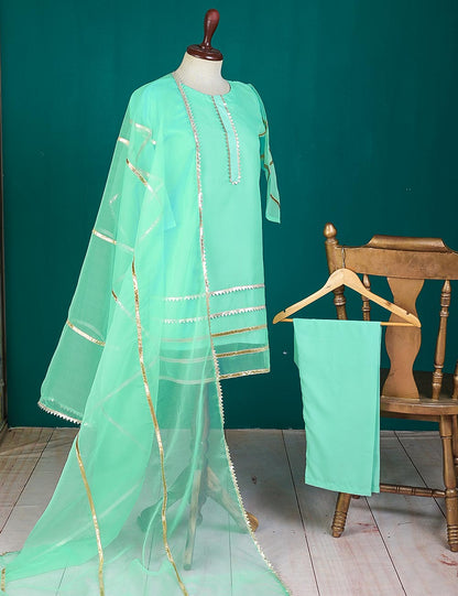 3 Pc Stitched Organza Suit With Organza Dupatta and Malai Trouser - Wayfarer (RTW-24-AquaGreen)