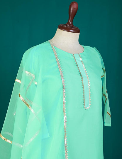 3 Pc Stitched Organza Suit With Organza Dupatta and Malai Trouser - Wayfarer (RTW-24-AquaGreen)