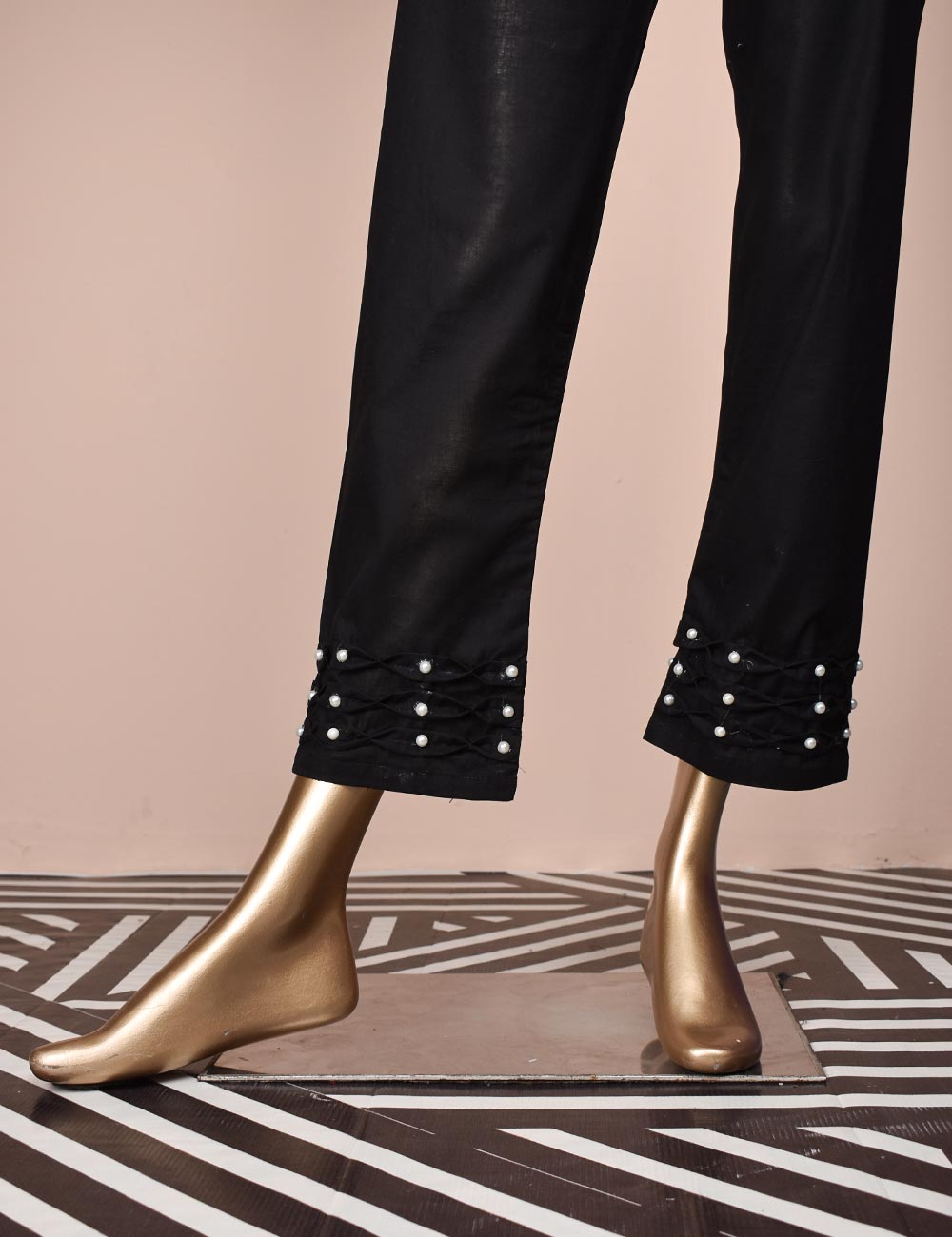 Ready To Wear Cotton Trouser With Stylish Pearls - Snowy Mood (CT-8-Black)