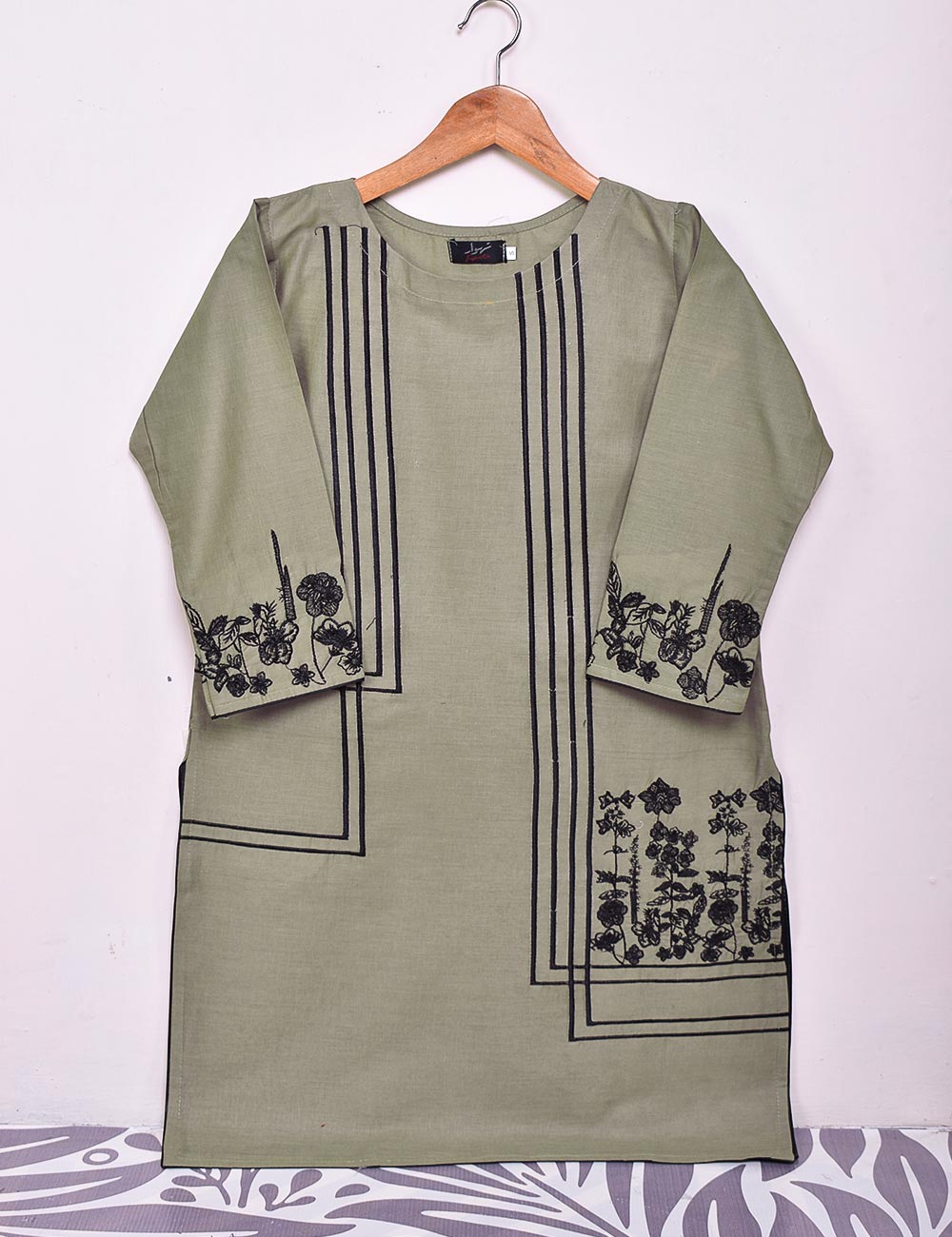 Cotton Embroidered Stitched Kurti - Figwort (TS-036A-GreenishGrey)