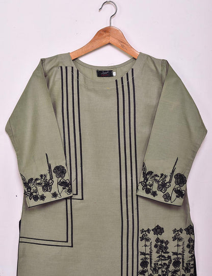 Cotton Embroidered Stitched Kurti - Figwort (TS-036A-GreenishGrey)