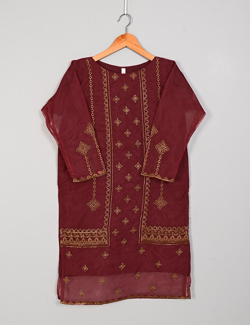 TS-205A-Maroon - Organza Embroidered Kurti