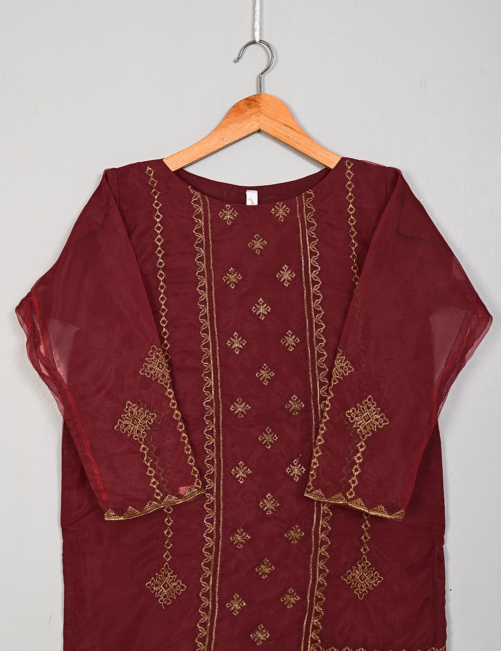 TS-205A-Maroon - Organza Embroidered Kurti