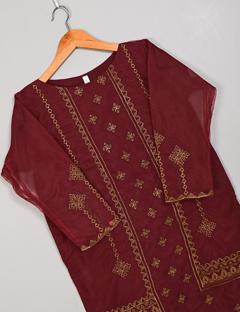 TS-205A-Maroon - Organza Embroidered Kurti