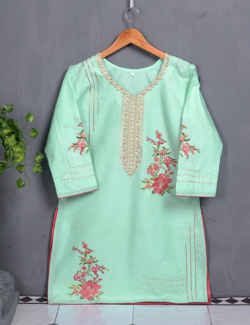 Cotton Embroidered Kurti - Tropical Hibiscus (T20-018-SkyBlue)