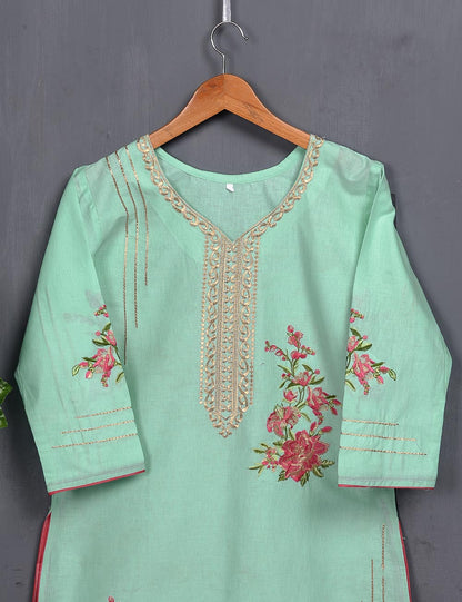 Cotton Embroidered Kurti - Tropical Hibiscus (T20-018-SkyBlue)